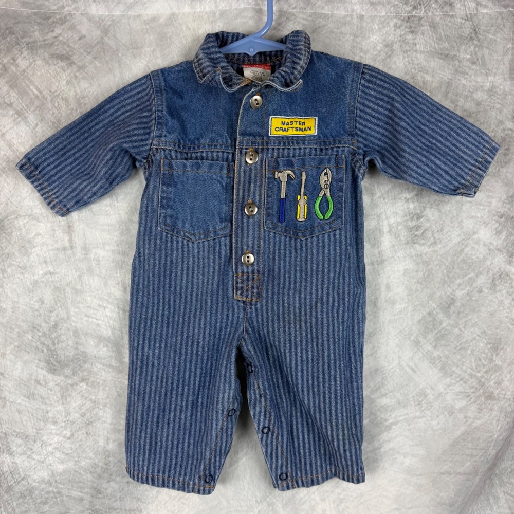 Hopscotch Vintage Baby Denim Romper Blue Hickory Stripe Master Craftsman 0-6M